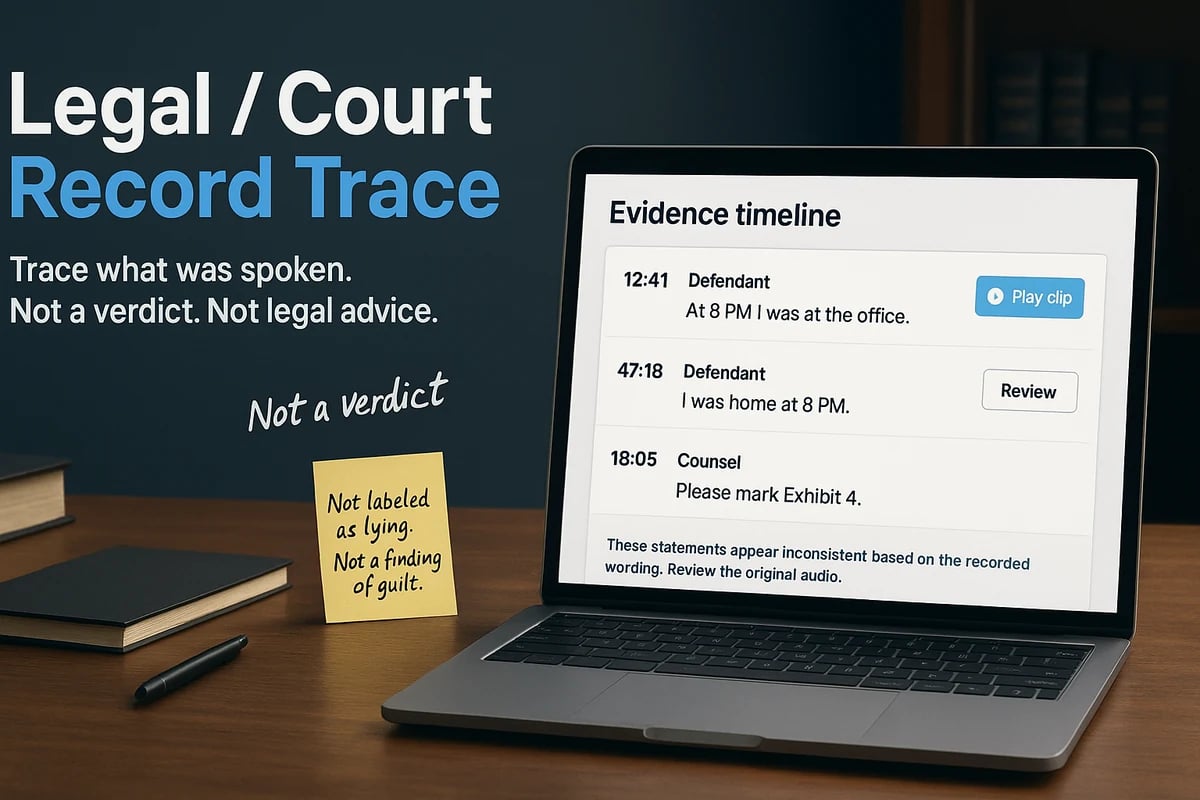 A court timeline showing two timestamped quotes, a speaker label, and a source clip to review.