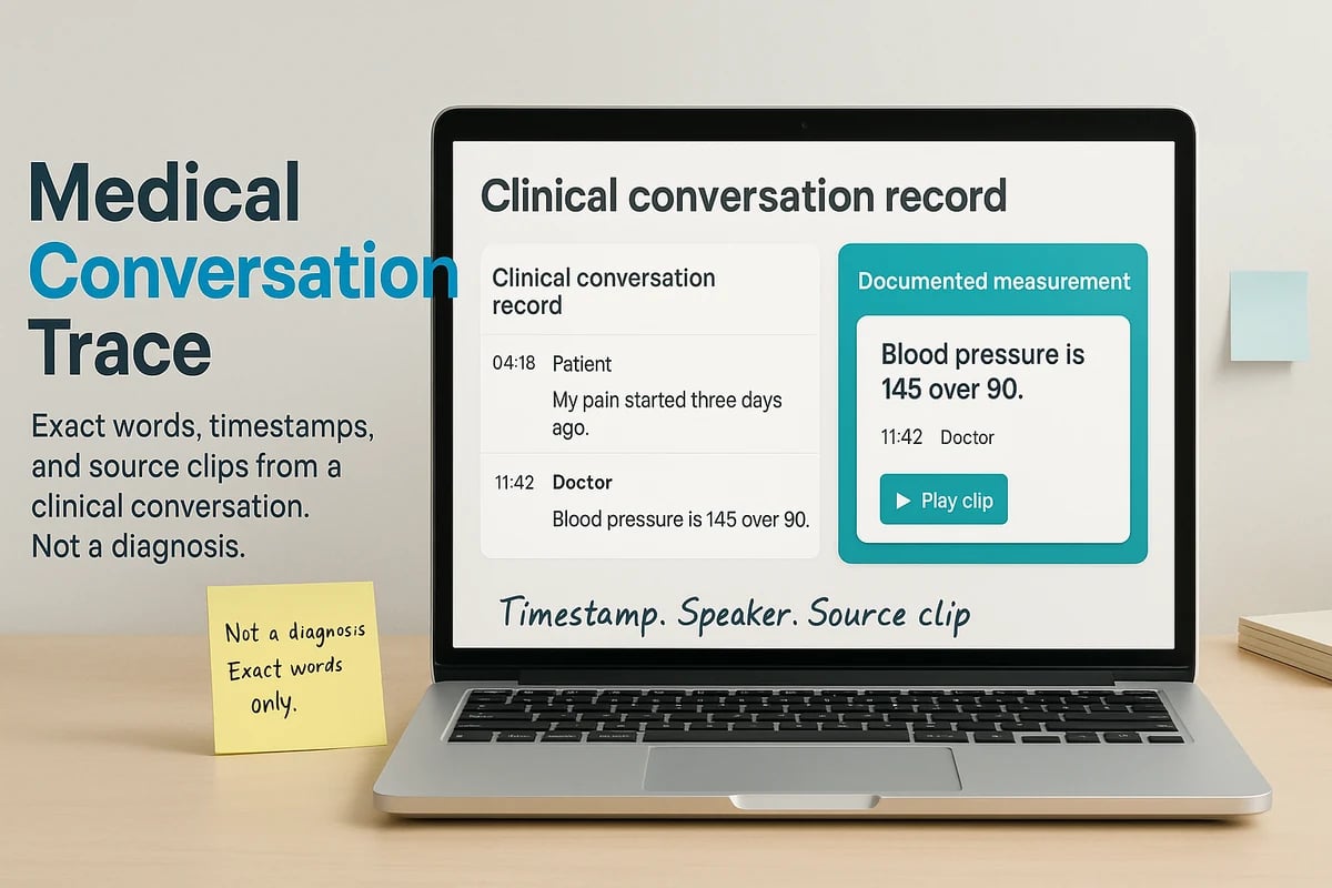A clinical conversation record showing a spoken measurement, speaker label, timestamp, and source clip.