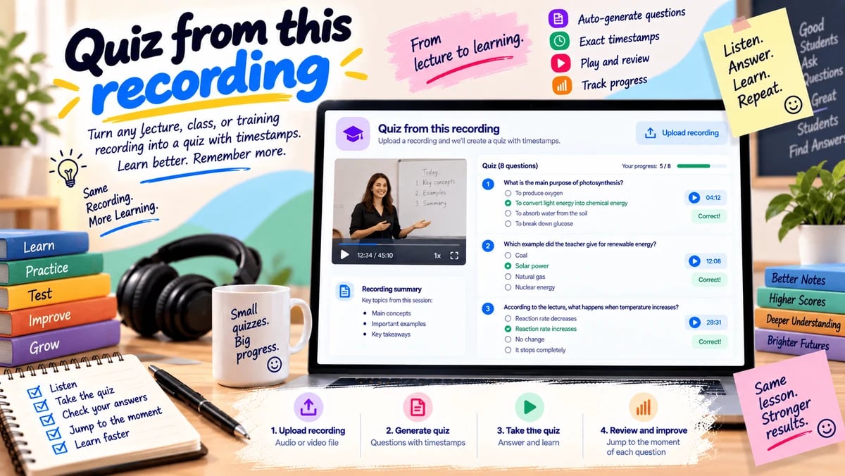 Quiz questions generated from a class recording, each answer jumping back to the source moment.