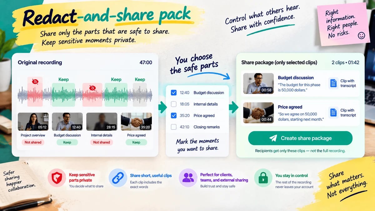 Only a few approved proof clips packaged for sharing, while the rest of the sensitive recording stays hidden.