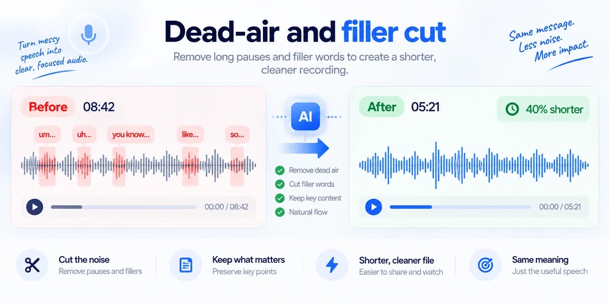 Timeline showing a long recording with quiet gaps and filler words removed, leaving a shorter cut of speech.