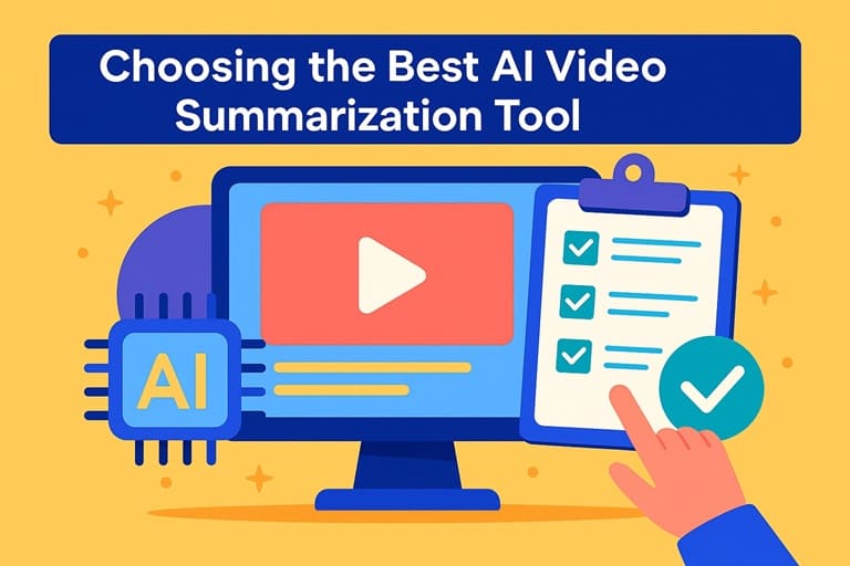 Choosing the best AI video summarization tool – computer screen, AI chip, and checklist with checkmarks