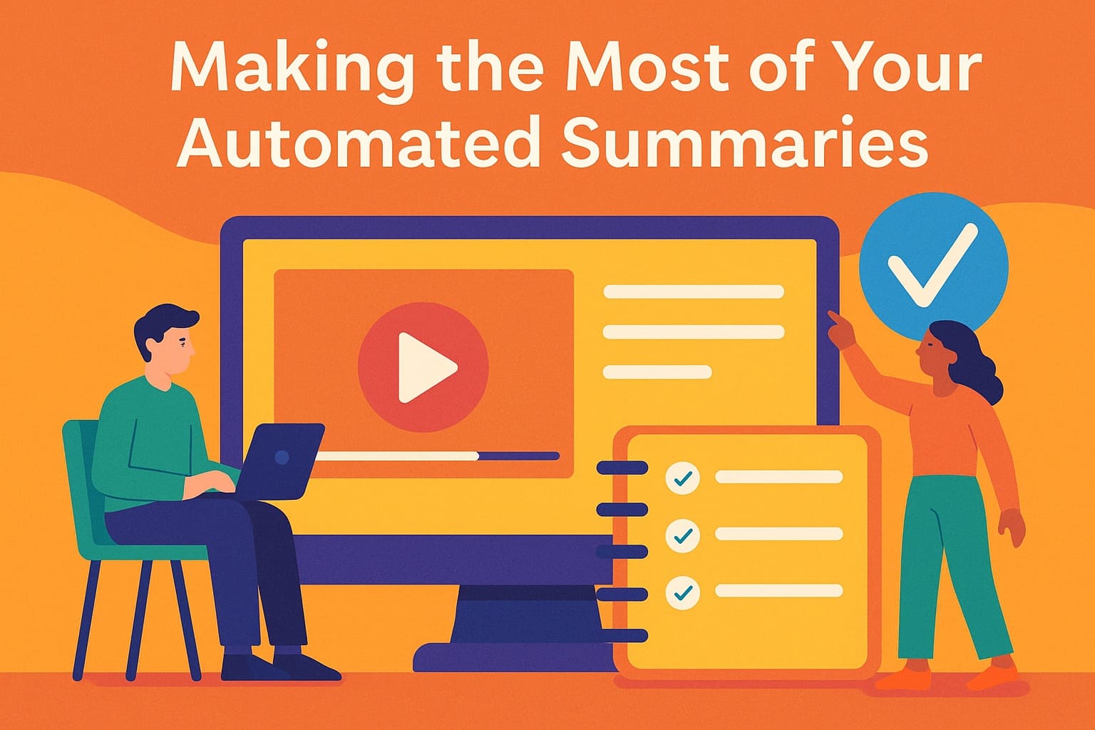 Making the most of your automated video summaries – illustration with video screen, checklist, and team collaboration