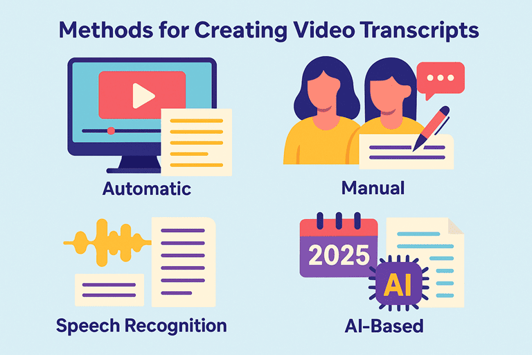 Methods for creating video transcripts – infographic showing automatic, manual, speech recognition, and AI-based techniques