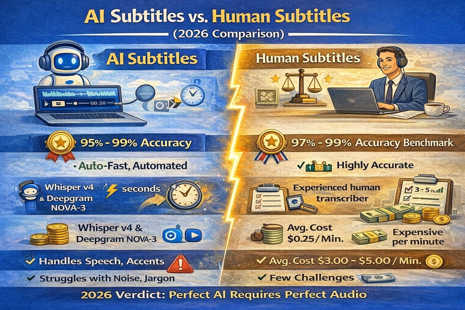 AI subtitles vs human subtitles comparison in 2026