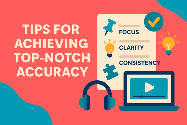 Tips for achieving top-notch accuracy – checklist with focus, clarity, consistency alongside video and headphone icons