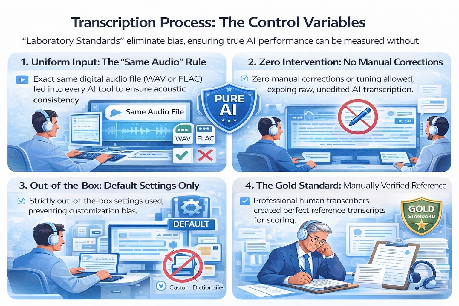 Illustration placeholder explaining AI transcription control variables and testing standards