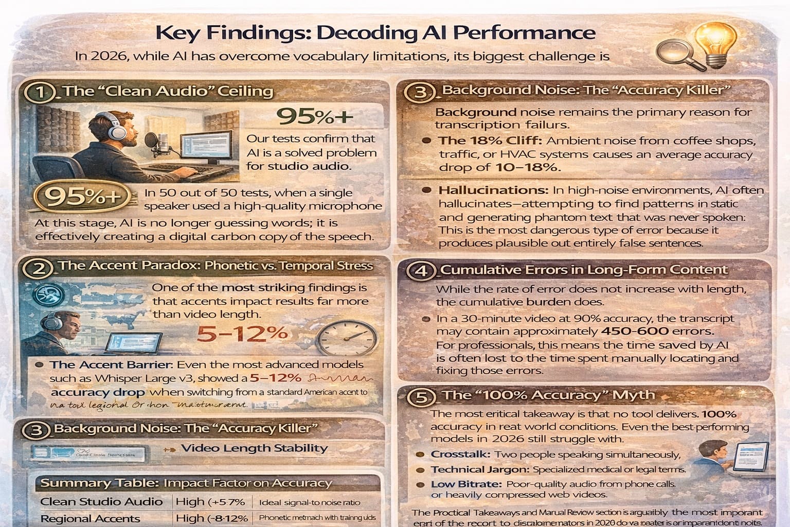 Key findings illustrating real-world AI transcription performance in 2026