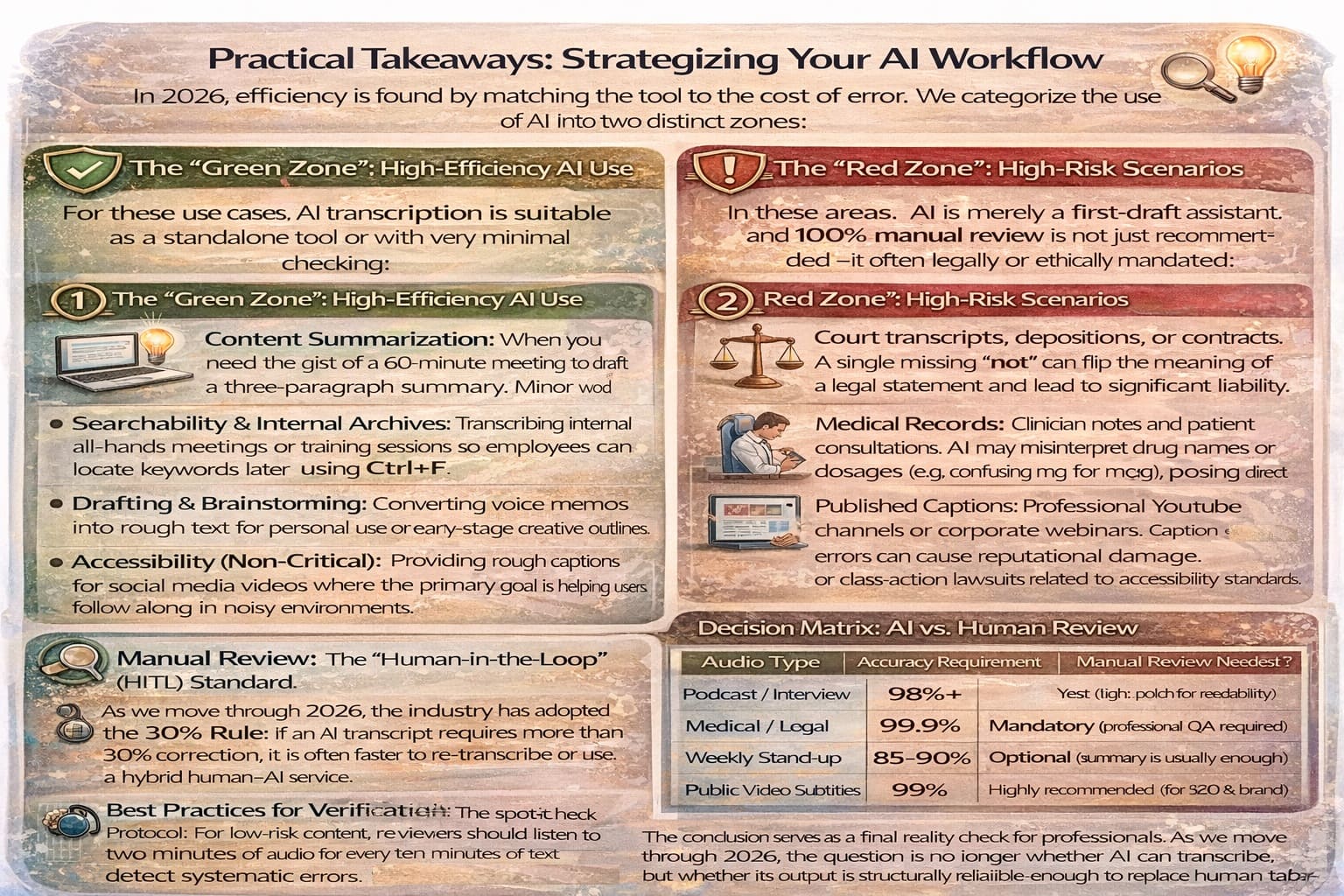 Practical takeaways for AI transcription workflow showing green zone vs red zone usage