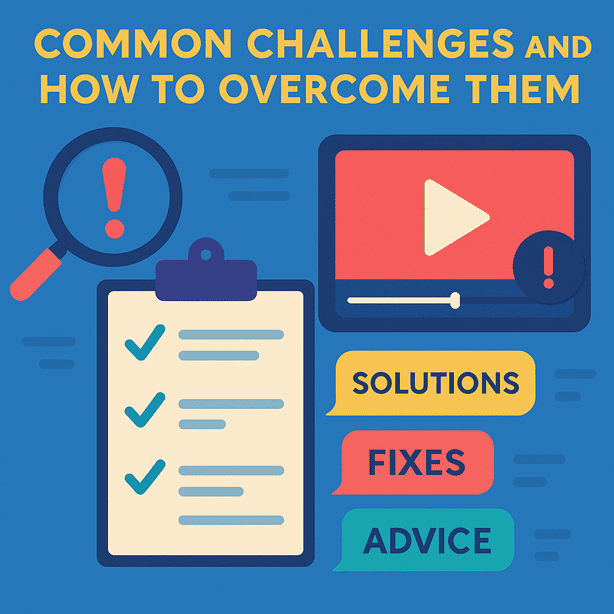 Common challenges and how to overcome them during transcripts – checklist, video player, and solution icons