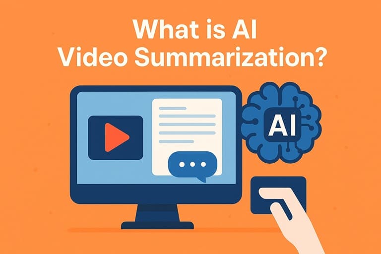 What is AI video summarization – illustration of a computer screen, AI brain chip, and play button